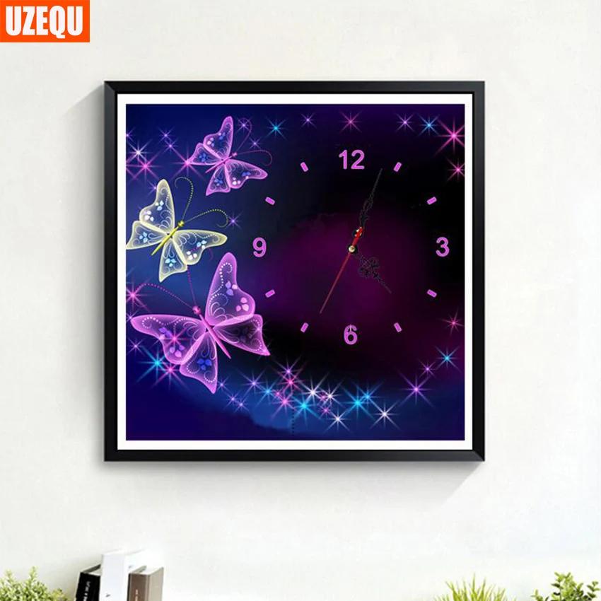 

UzeQu 5D DIY Diamond Painting Cross Stitch Wall Clock Diamond Embroidery Butterfly Watch Full Round Mosaic Pattern Rhinestone