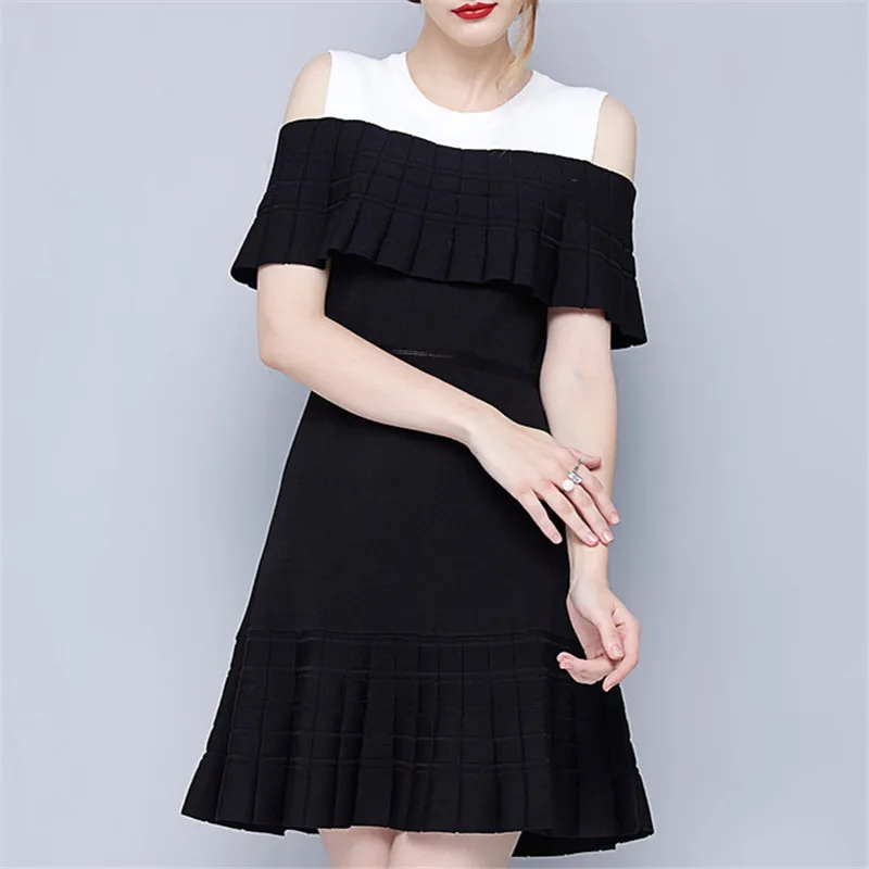 SRUILEE 2017 Spring Summer Runway Fashion Women Sweater Dress Ruffles Sleeve Slit Chic Knit Dress Elegant Female 7657