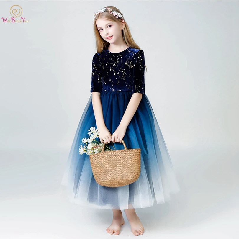 

First Communion Dresses for Girls 2019 Navy Blue White Gradient Color Velvet Ankle Length O Neck Half Sleeves Tulle Flower Girl