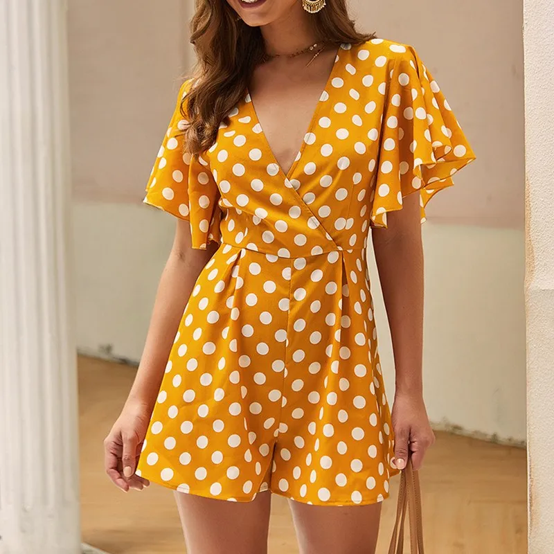 Sexy Polka Dots Playsuit Summer Bohemian Beach Rompers V Neck Short Jumpsuit Women Short Sleeve Summer Jumpsuit Sexy Polka Dots Playsuit Summer Bohemian Beach Rompers V Neck Short Jumpsuit Women Short Sleeve Summer Jumpsuit