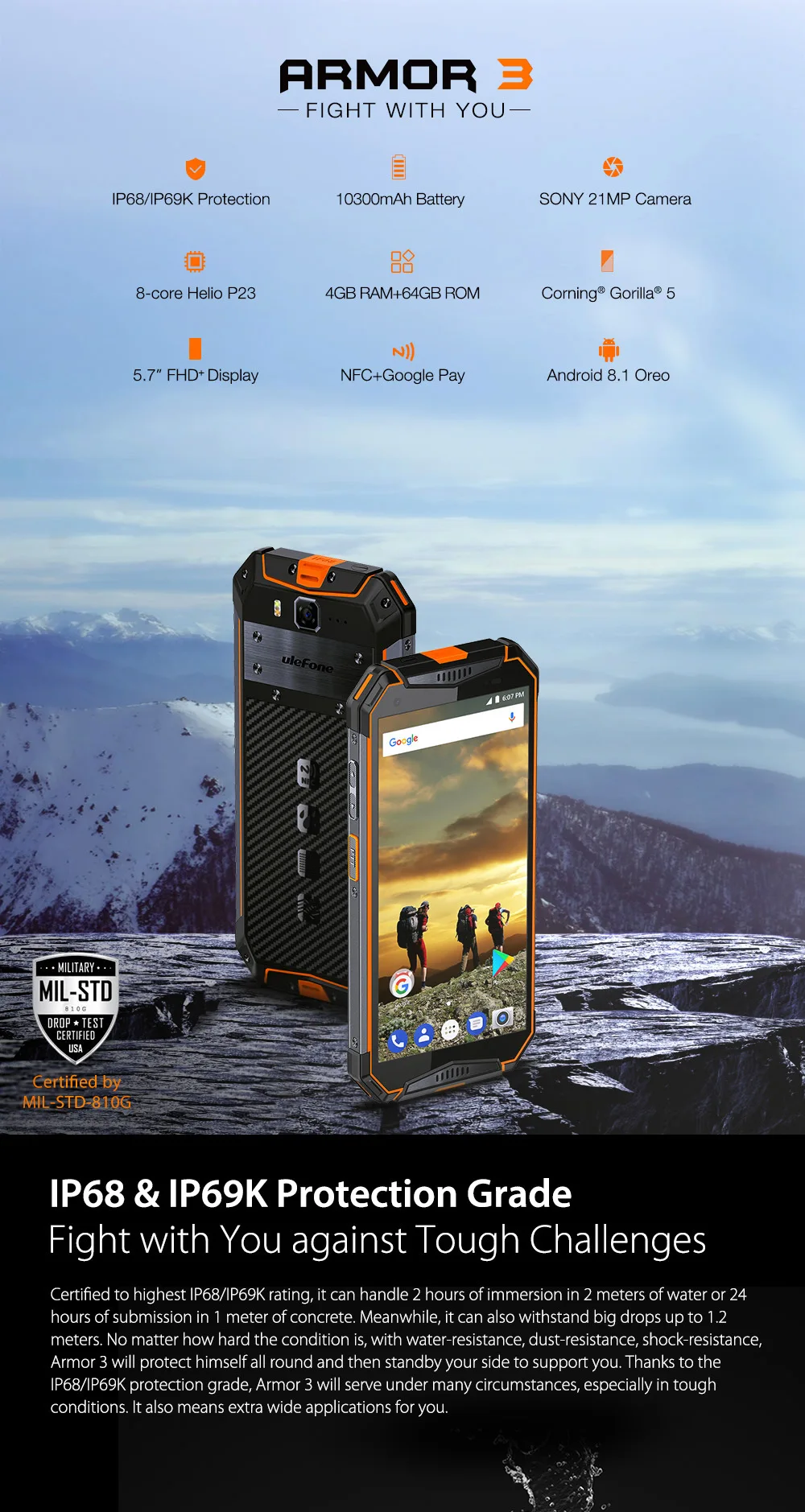 Ulefone Armor 3 телефон смартфон телефоны смартфоны IP68 Водонепроницаемый мобильный телефон Android8.1 5,7 "FHD + Octa Core 4 GB + 64 GB NFC 21MP 10300 mAh Глобальный Версия