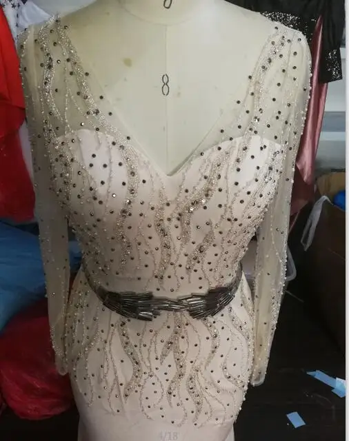 Элегантное Вечернее Платье Русалка телесного цвета с длинными рукавами для особых случаев платье с v-образным вырезом на молнии с открытой спиной торжественное платье LSX277