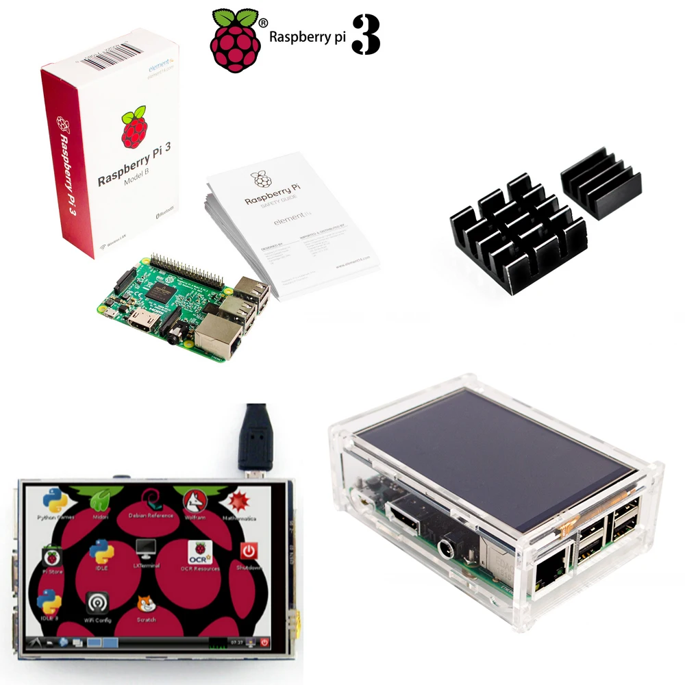 Raspberry Pi 3 Model B плата+ 3,5 TFT Raspberry Pi3 ЖК-дисплей с сенсорным экраном+ акриловый корпус+ радиаторы для Raspbery Pi 3 комплект