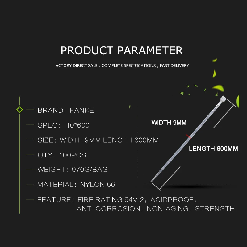 Nacional de Auto-travamento de Plástico de Nylon Pacote de 10*600mm Unidades Alta Qualidade Width9.0mm Cor Preta Padrão Cabo Zip Gravata Tie Fio 100 - 2 High Quality wire zip tie