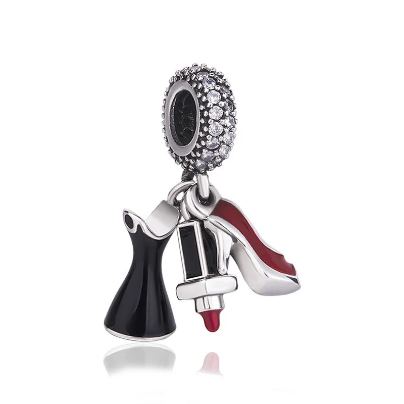 

925 Sterling Silver Bead Charm Lipstick Dress Stiletto With Enamel Pendant Bead Fit Pandora Bracelet & Necklace Diy Jewelry