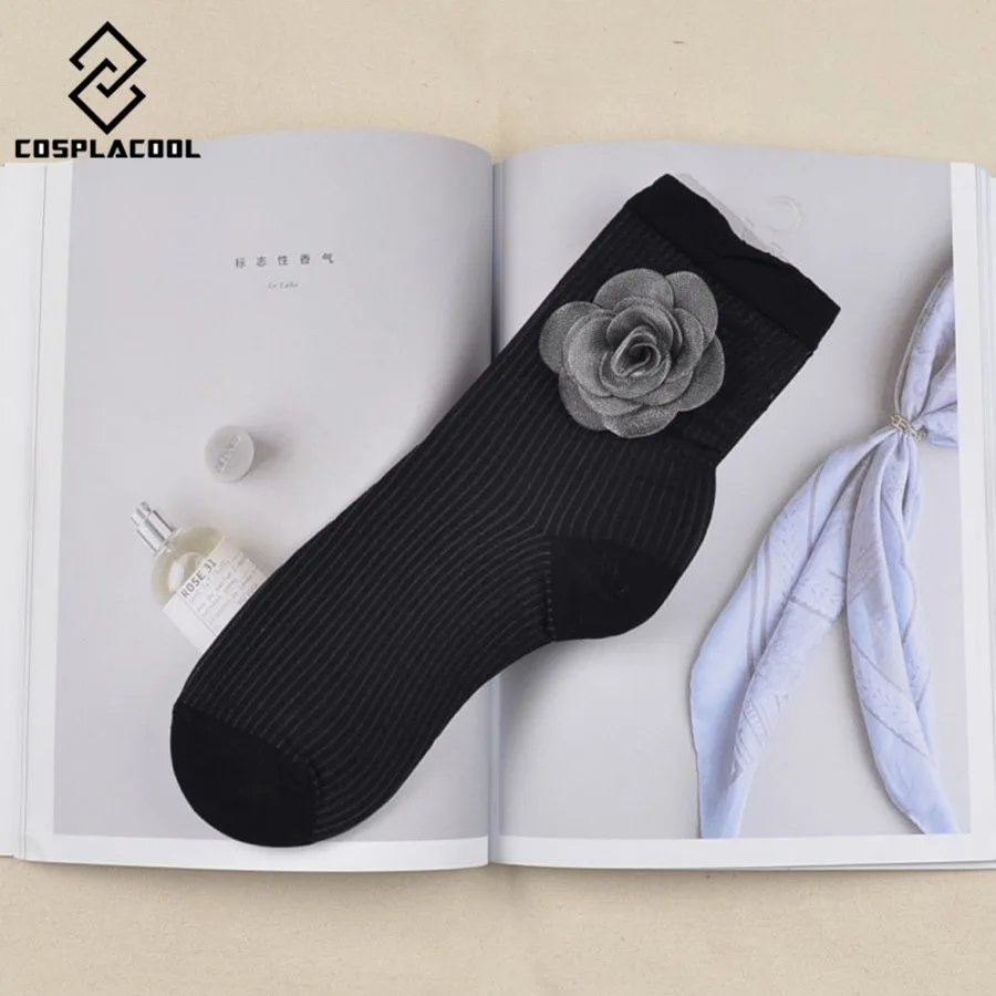 [COSPLACOOL]Fashion Brand Europe Hand-made Flowers Shining Silver Lace Heap Heap Socks Women/Students Socks Meias Calcetines