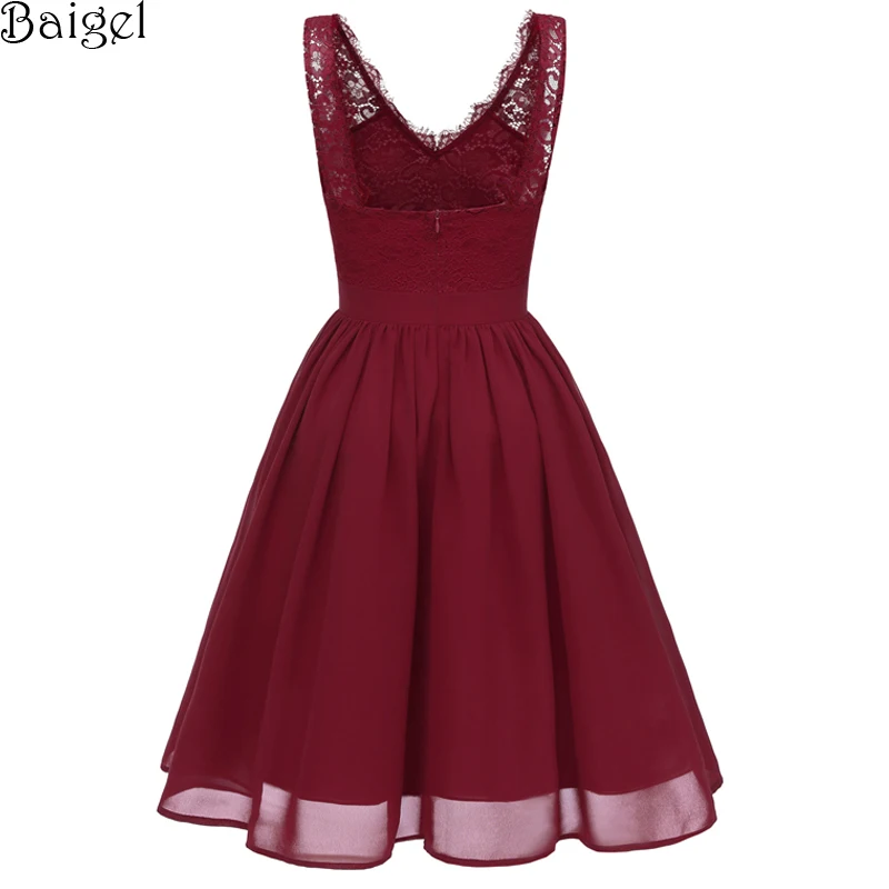 Women Sexy V-Neck Floral Lace Chiffon Dresses Summer 2018 Backless Pink Burgundy Black 50s 60s Rockabilly Vintage Party Dress (9)