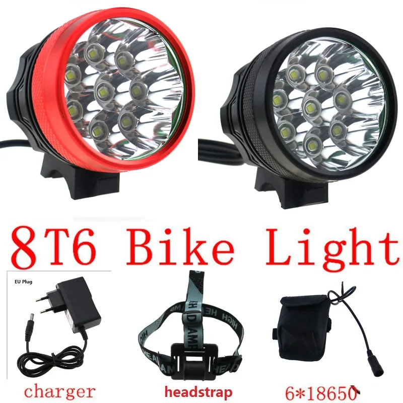 Best 12000 lumens 8T6 Bike Headlight for bicycle 8x Cree XM L T6 Cycling Helmet Head Lamp + 18650 Battery Pack + Charger