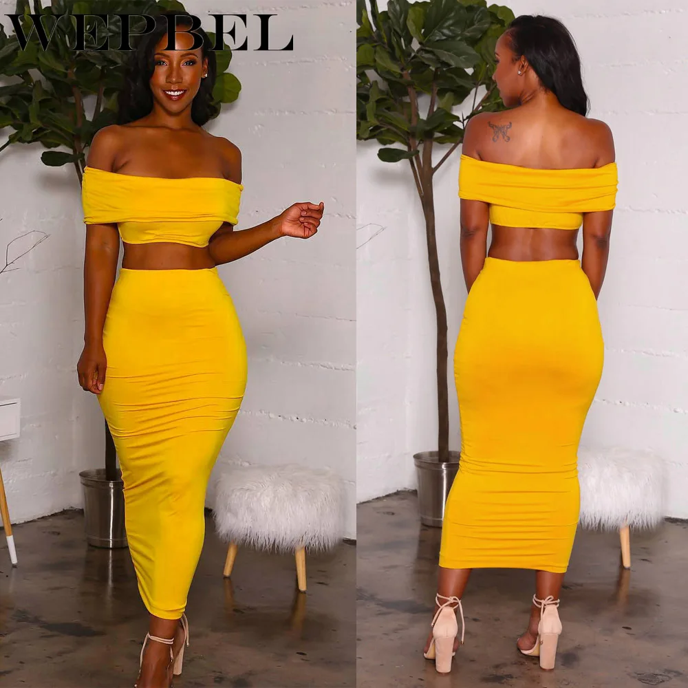 

WEPBEL 2019 Women New Fashion Off Shoulder Crop Top And Slim Package Hip Skirt Suit Sexy Two Piece Wrap Chest Bodycon Dress