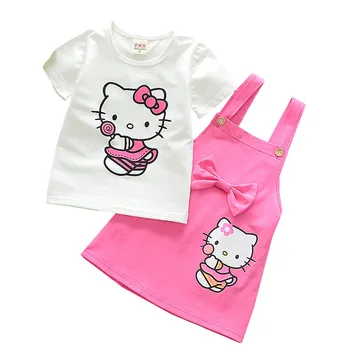 

Girl Clothes Cotton Suspender Skirt Two-piece Summer Short-sleeved T-shirt Kt Cat Cartoon Printing 1-4 Y Child Quality Clothing