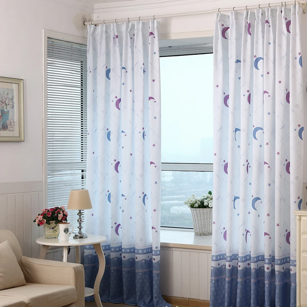 

Polyester Crescent Moon Stars Printed Window Curtain with Hooks for Bedroom