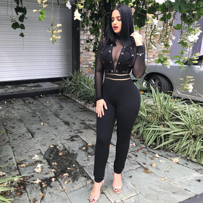 

2019 Summer Black Bandage Rompers Womens Jumpsuit Mesh Patchwork Long Sleeve Women Jumpsuit Romper Gold Striped Party Overalls