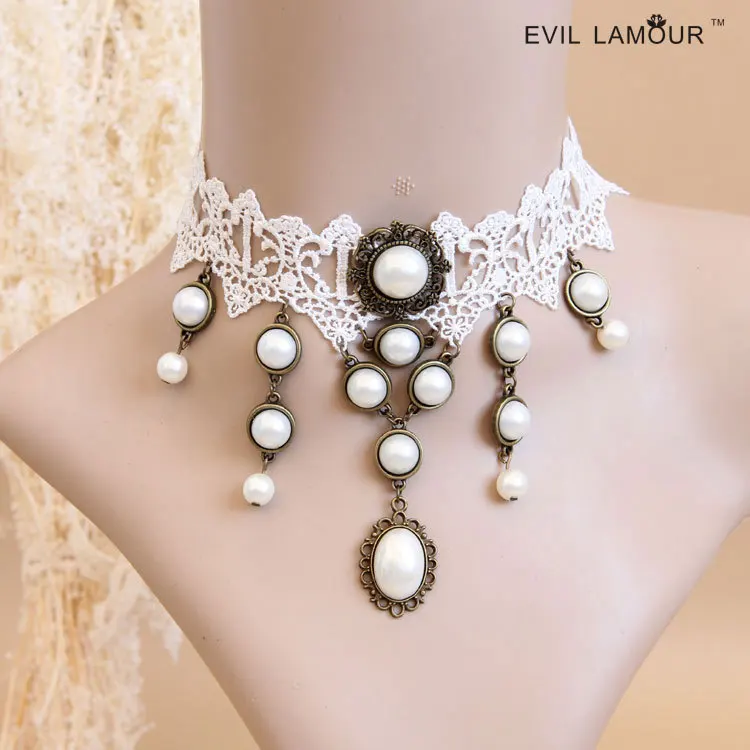 

Vintage Bohemia Pearl Choker Necklace Collar Women Jewelry Accessories Fashion White Lace Wedding Necklaces 2015 Brand JL-202