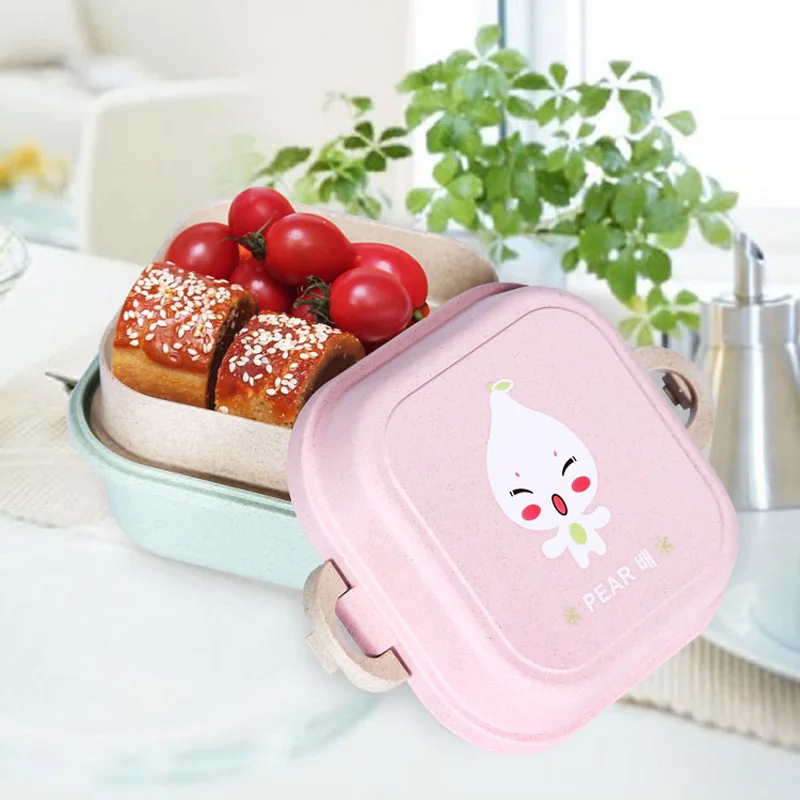 Двойной Слои Коробки для обедов мультфильм Bento Box детей пшеничной соломы фрукты