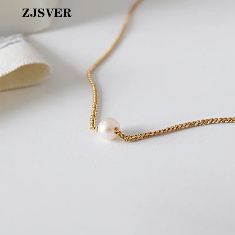 

ZJSVER Fashion Simple Golden Chain Lobster Clasps Pearl 925 Sterling Silver Women Necklace For Present Wholesale Fine Jewelry