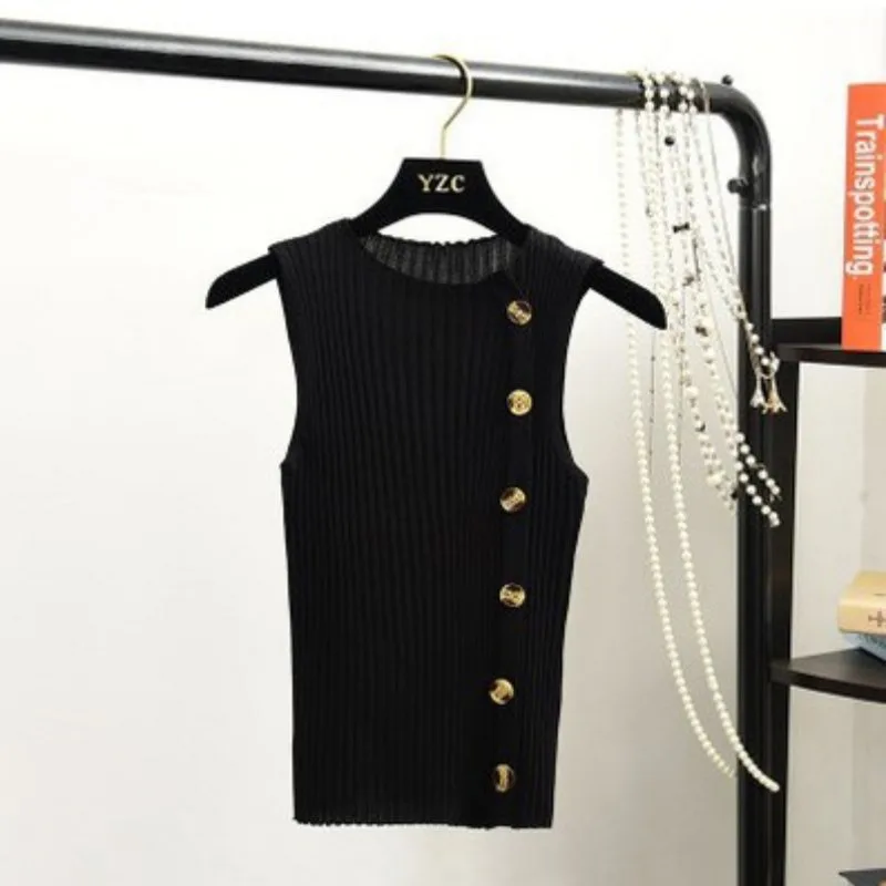 

New Women's Sleeveless O-Neck Pullover Buttons Knitted Crop Tank Top