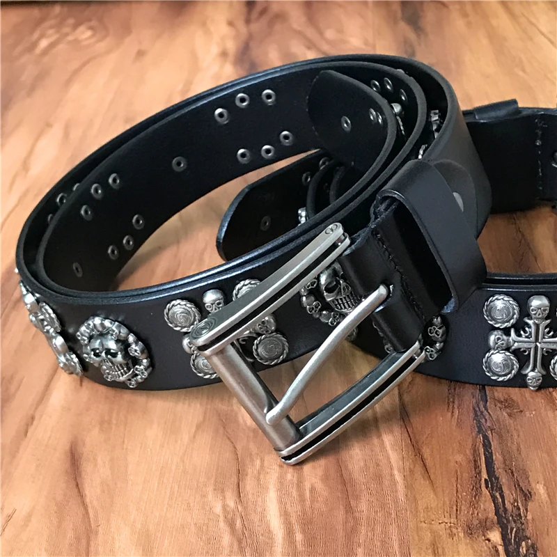 Heavy Metal Cowboy Genuine Leather Skull Belts For Men Vintage Buckle