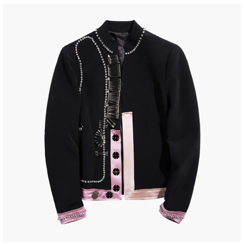 

Luxury Designer Brand Jacket for Women Fashion Rhinestone Striped Pin Design Contrast Satin Short Coat