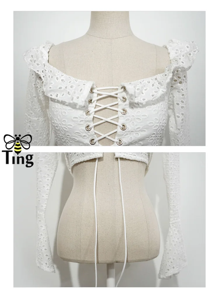 Tingfly Летняя мода Ruched оборками кружево Up Crop пикантные топы с открытой спиной выдалбливают длинный рукав Короткие топы корректирующие Повседневная блузка рубашка