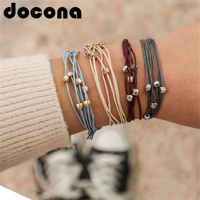 

Docona Bohemian Colorful Knitting Bracelet Set for Women Adjustable Layered Rope Bracelets Bangle 4pcs /1set Party Jewelry 6859
