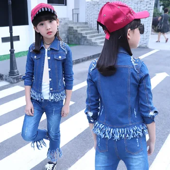 

Children's clothing girls' suits 2019 spring autumn new denim clothes single-breasted tassel tops + pants 3 4 6 8 10 12 years