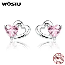 WOSTU, натуральная 925 пробы, серебро, двойное сердце, форма, розовый CZ, романтические серьги-гвоздики для женщин, свадебные украшения, подарок CQE090