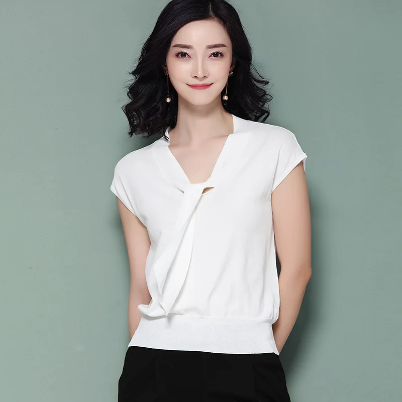 

Elegant Knitted Summer T Shirt Women Casual Short Sleeves T-Shirt Sweater Elasticity Kintwear Top Bow Female Tshirt AA070S40