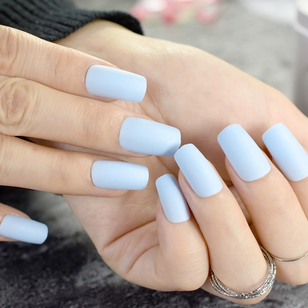 Matte Light Blue Square Head False Nails Middle Long Frosted Fake Nail Full Cover Nail Tips Fuax Ongles Finger Art Aliexpress Beauty Health