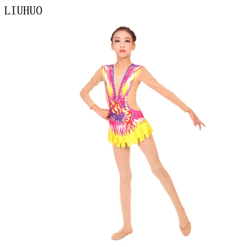 Женские трико для художественной гимнастики для девочек, костюм для выступлений, платье для художественной гимнастики с длинным рукавом и круглым вырезом, многоцветные