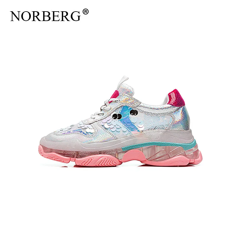 

NORBERG fashion women sports shoes sheepskin sequins platform shoes casual white sneakers shoes Women's running shoes Trav