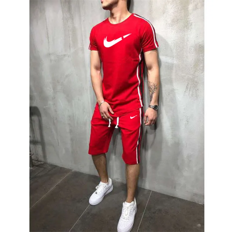 Мужская Повседневная футболка тренажерные залы фитнес брюки мужчины 2019 лето горячая распродажа мужские комплекты футболки + брюки два