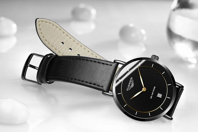 Мужские часы Guanqin от ведущего бренда класса люкс GUANQIN, мужские золотые модные наручные часы, кожаные тонкие кварцевые часы A