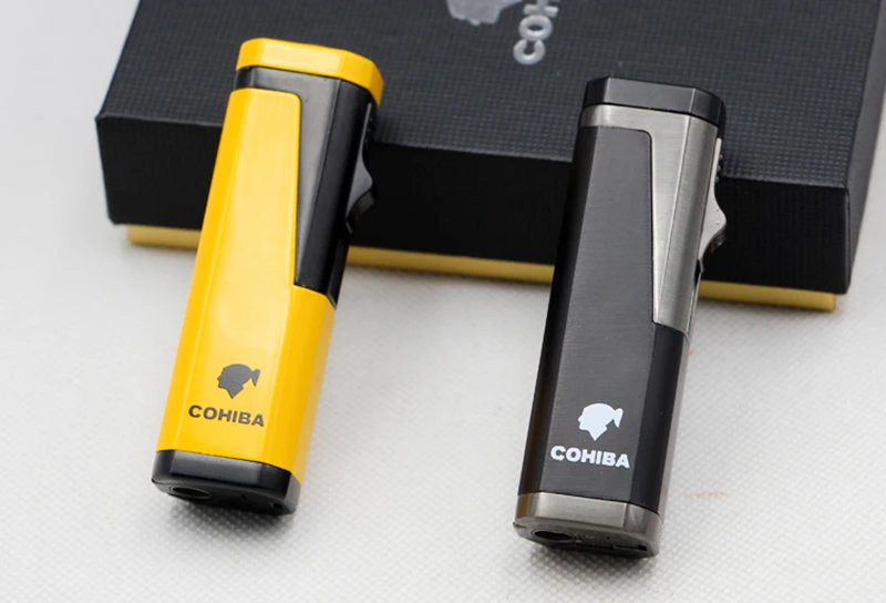 COHIBA сигара курительная Ligther три фонарь струйный огонь Зажигалка для сигарет газ бутан зажигалка для сигар с портсигар удар