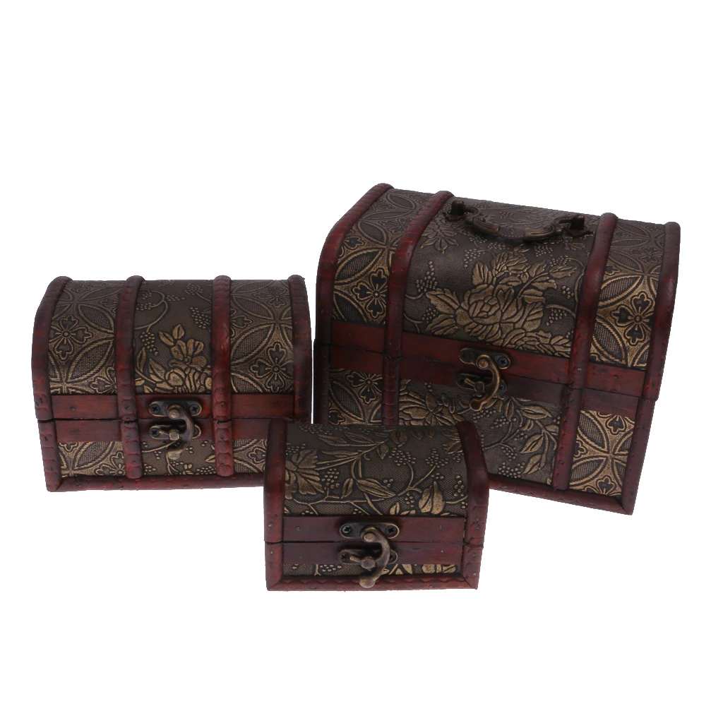 Jewelry Organizer Vintage Wooden Treasure Trinket for Earrings Rings Necklace Jewelry 3 pcs Set Small Medium Big