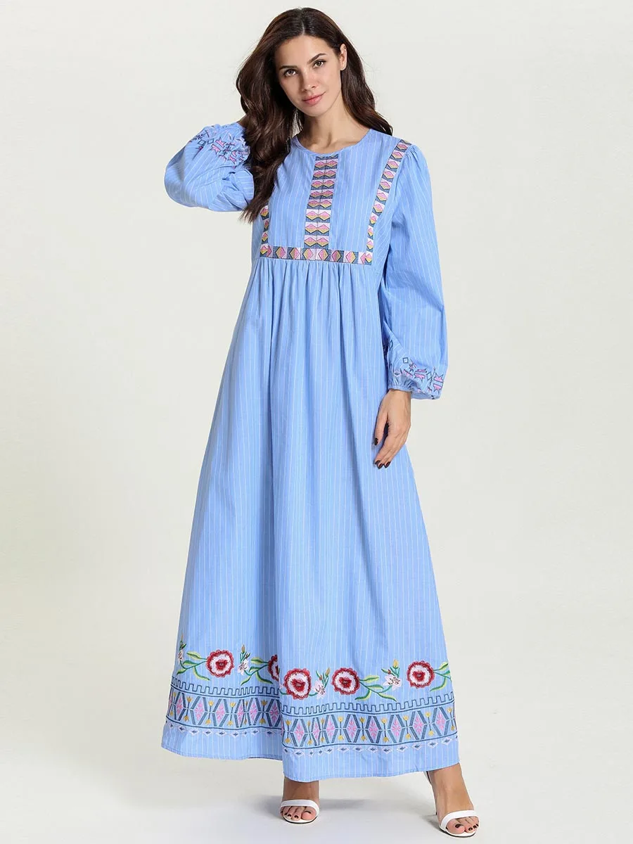 BNSQ/детское Повседневное платье для родителей и ребенка мусульманское голубое платье в полоску с длинными рукавами и пышными рукавами для мамы и дочки