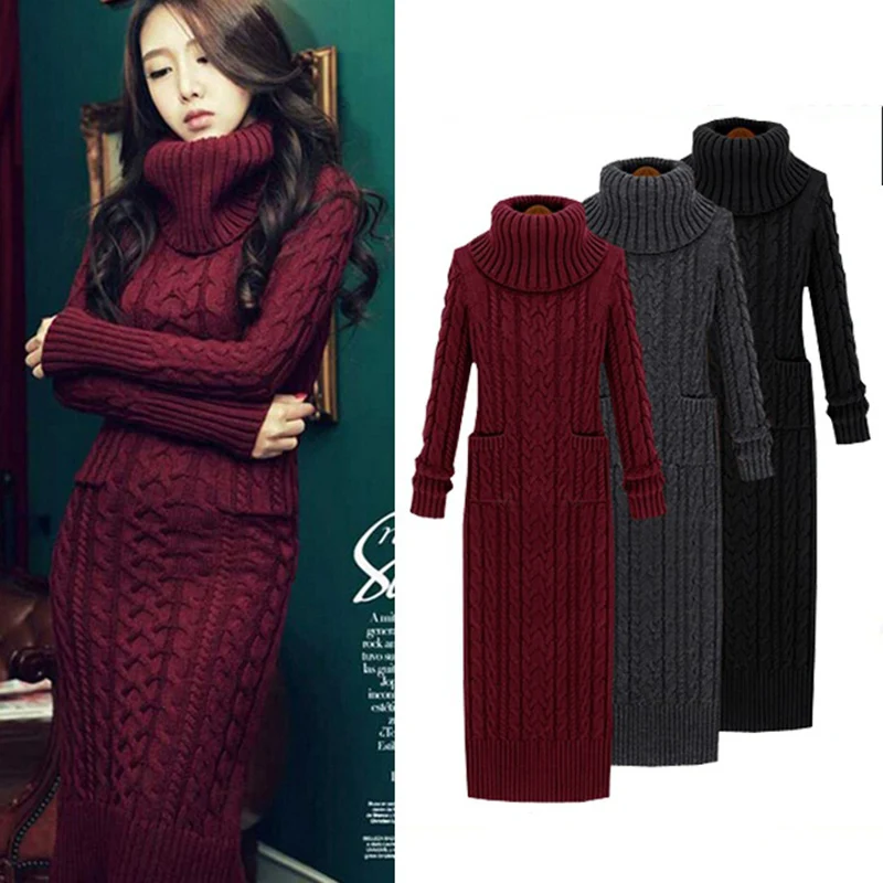 

2018 Europe Long Sleeve Turtleneck Casual Slim Warm Maxi Sweater Dress Plus Size Women's Clothing Women Winter Knit Dresses