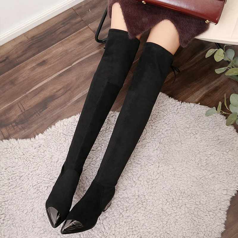 

New autumn and winter cow velvet thick with high-heeled metal pointed boots Europe and the United States style fashionable women