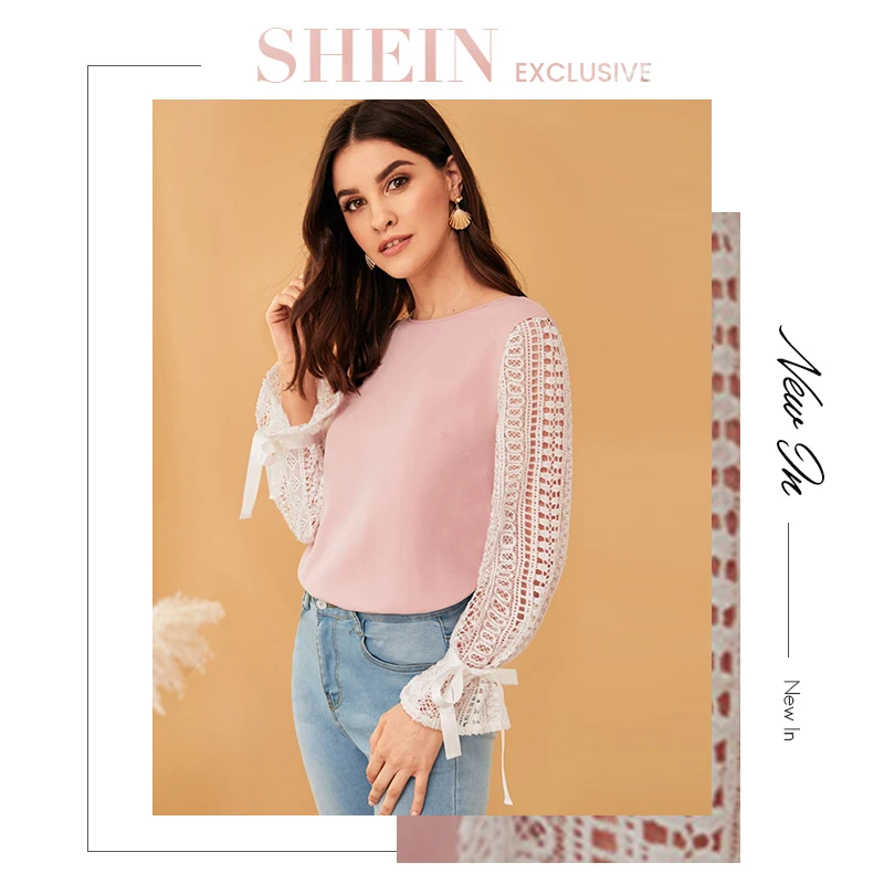 SHEIN Contrast Guipure Lace Sleeve Knot Detail Womens Tops And Blouses ...