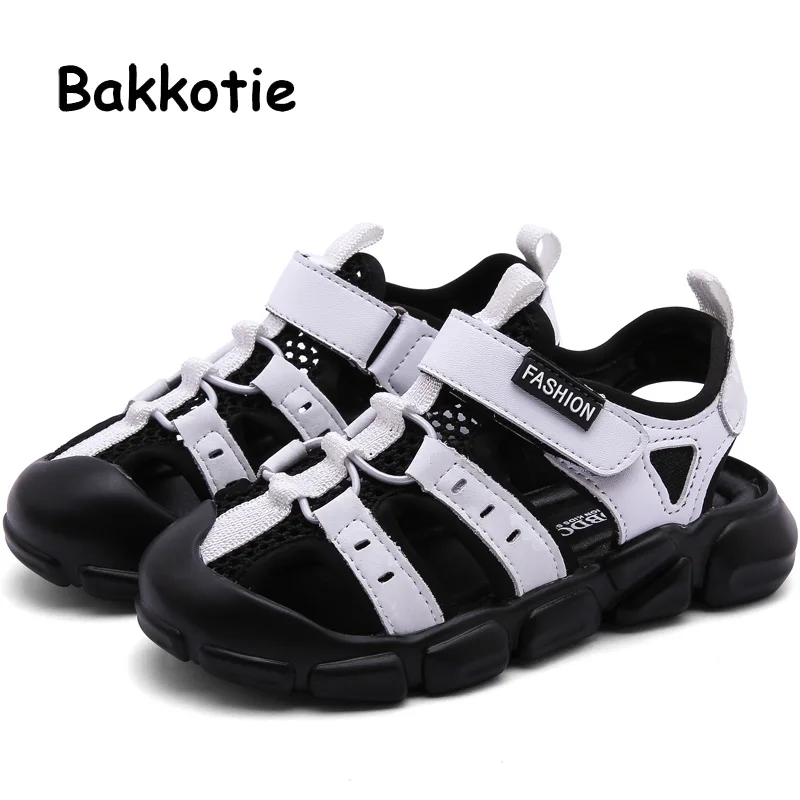 

Bakkotie 2019 Summer Boys New Genuine Leather Sandals Kids Fashion Soft Breathable Shoes Baby Casual Black Mesh Sports Sandals