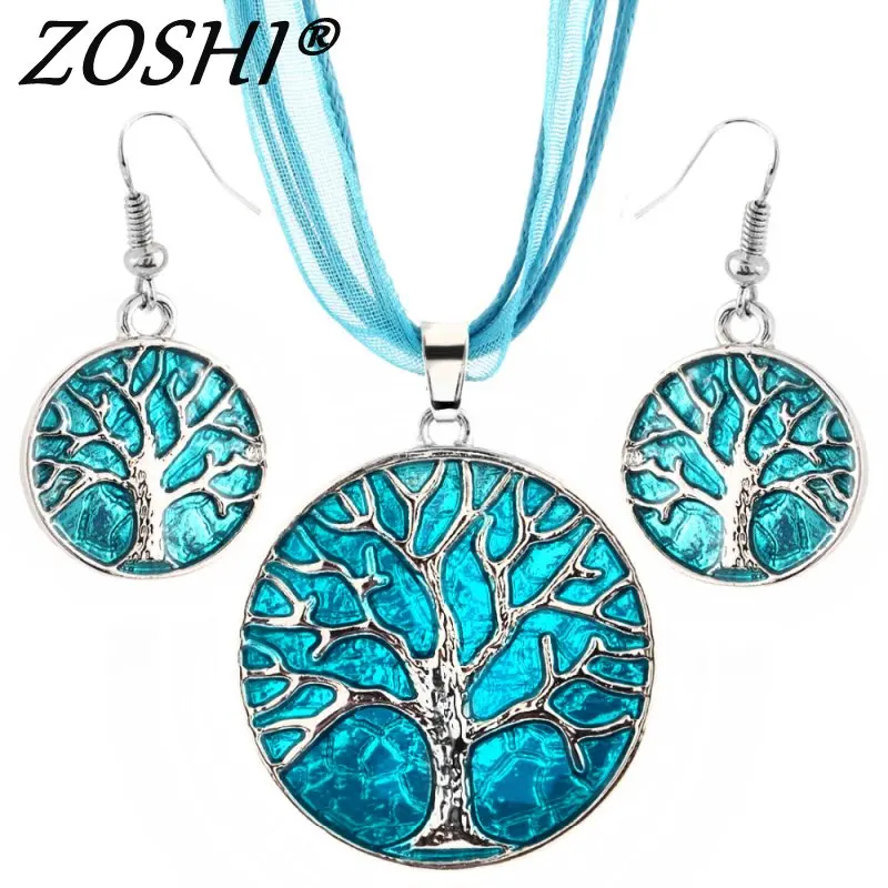 

Vintage Round Life Tree Silver Pendant Necklace Earring Sets Wedding Multilayer Leather Choker Necklace Costume Jewelry Set