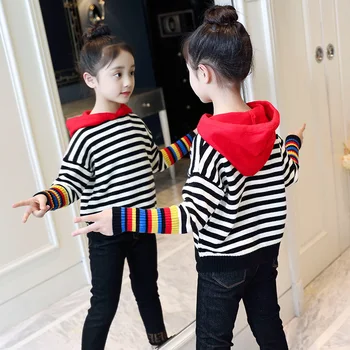 

Fashion Autumn Winter Children Striped Patchwork Sweaters For Teenage Girls Knitted Tops Clothing Kids Hooded Sweaters For Girls