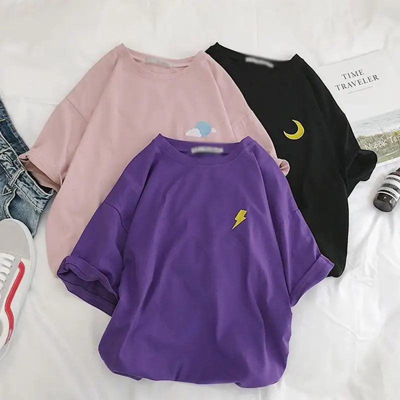 

T-shirt Women Summer Cotton Cloud Lightning Sun Befree Vintage Embroideried Streetwear Short Sleeve Korean Style Top