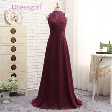 Dressgirl Lila 2017 Prom Kleider A-line Hohen Kragen Bodenlangen Chiffon Spitze Lange Abendkleid Abendkleider Abendkleid