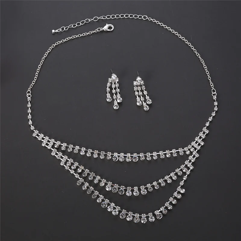European and American bride wedding temperament multi-layer silver color-plated water drill claw chain suit Necklace Earrings | Украшения и