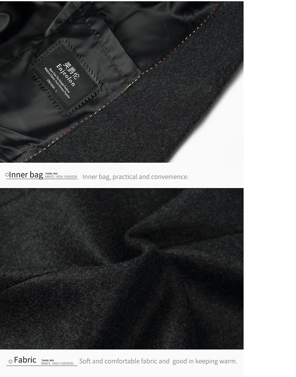 Enjeolon брендовая мужская Повседневная Длинная шерстяная смесь новый мужской однобортный шерстяной черный пальто Верхняя одежда ветровка caot
