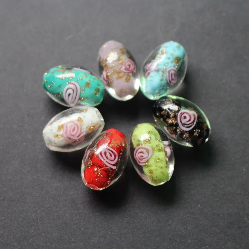 

10Pcs 17*11mm Glass lampwork Flower beads with gold powder Oval shape multi-color for jewelry making