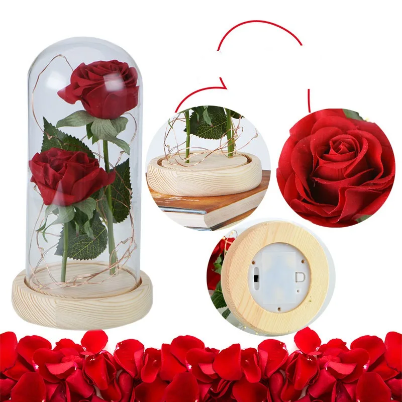 Подарок на день рождения красная роза падающие лепестки стеклянный купол деревянная основа для рождественские подарки