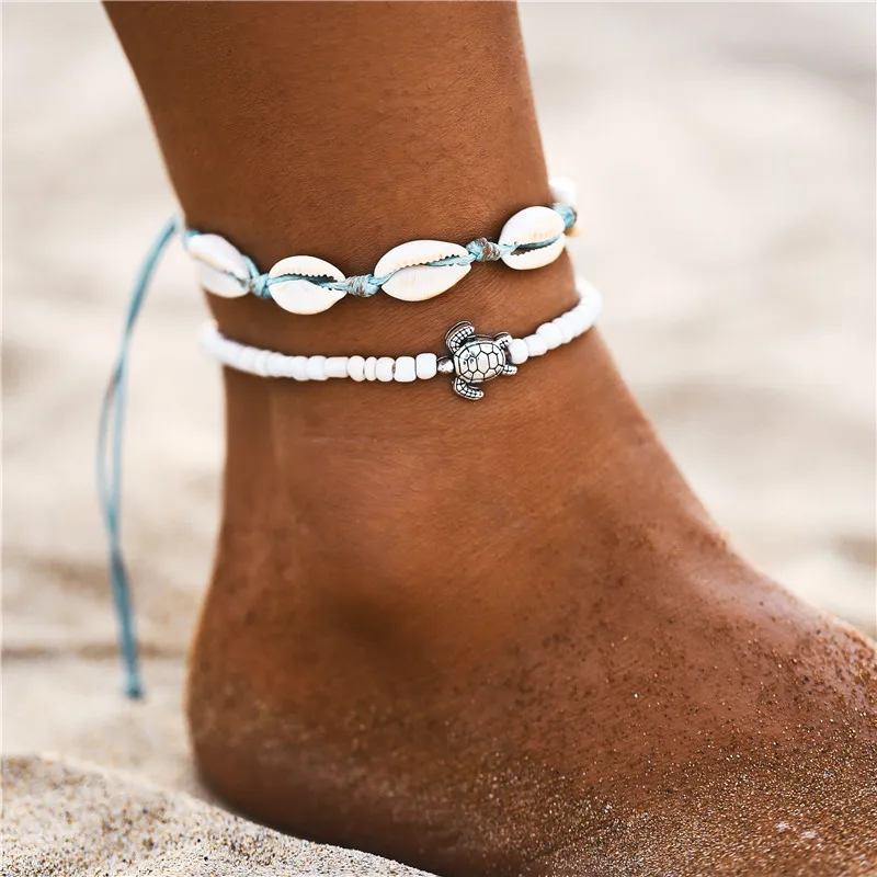 Boho Ocean Beach Sea Shell Cowrie Ankle Bracelet Multi Layer Beads Adjustable String Macrame Mussel Seashell Anklets for Women