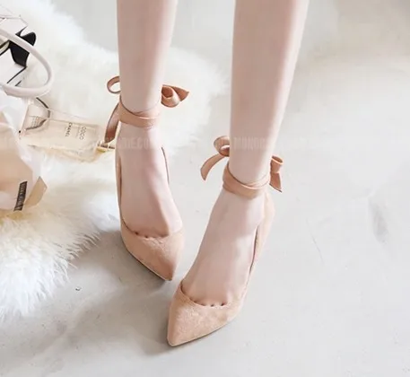 Women Pumps Pointed Toe Leather High Heeled Shoes Bowtie Bandage Small 32 33 Formal Dress Shoe