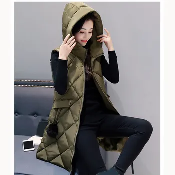 

Winter Jacket Women Vest Solid Hooded Thicken Warm Long Parka Vest Cotton Padded Waistcoat Female Sleeveless Waistcoat